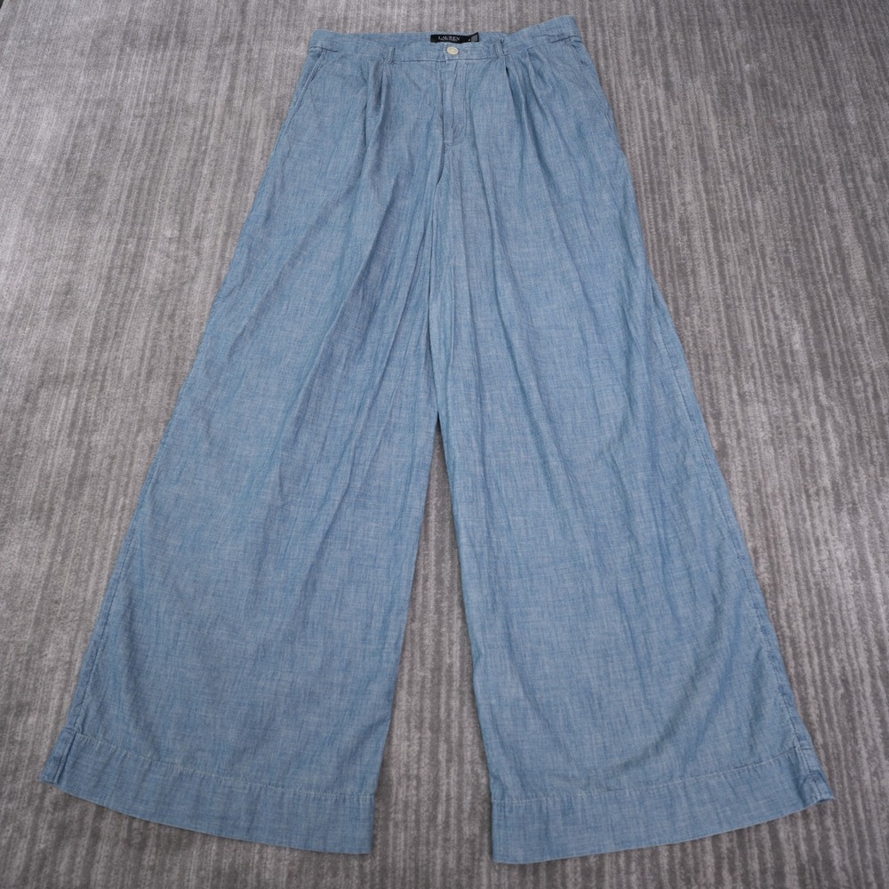 Lauren Ralph Lauren Pants Women 12 Blue Pleated Wide Leg Chambray Cotton